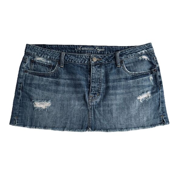 American Eagle Denim Mini Skirt 14 (37x12.5) Blue Distressed Button Cotton Women - Picture 2 of 10